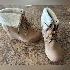 JustFab Tan Wedge Boots with Shearling Cuff